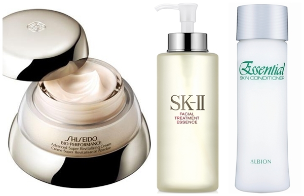 (由左至右)資生堂百優乳霜、SK-II 青春露、ALBION 健康化妝水