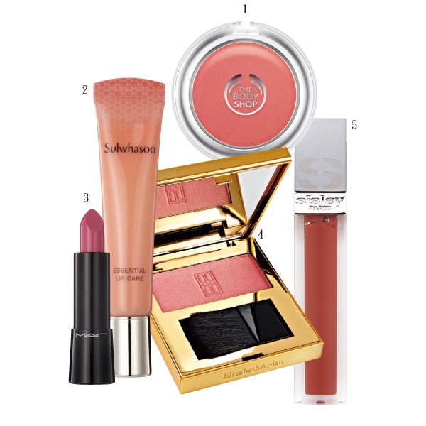 1 The Body Shop腮紅$580。2 Sulwhasoo護唇蜜$980。3 M.A.C唇膏$900 4 Elizabeth Arden腮紅$1200。5 sisley保養唇蜜$1600。