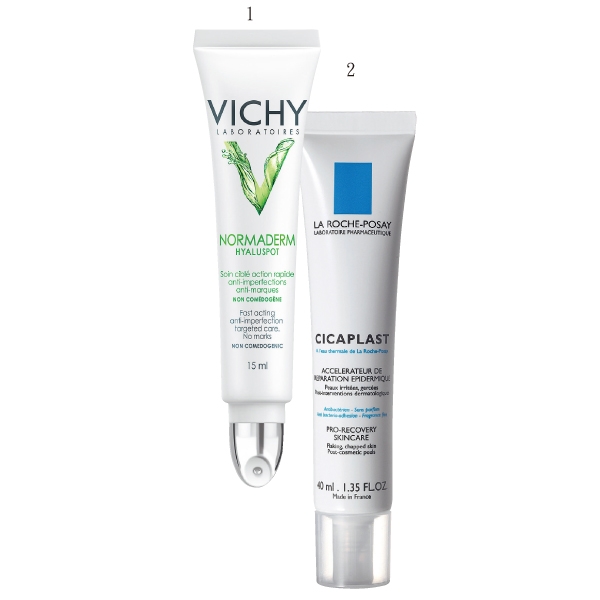 1.VICHY速效抗痘冰珠,玻尿酸隱形隔痘膜能隔離保護痘痘不受二次感染,15ml,590元。2.LA ROCHE-POSAY瘢痕速效保濕修復凝膠,專為術後傷口設計,40ml,650元。