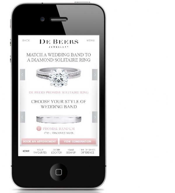 DE BEERS Bridal App讓消費者可以依照不同的鑽石形狀與不同設計的戒台,選擇出自己喜愛的款式。