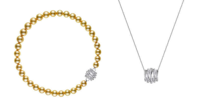 (左) MIKIMOTO Day and Night 系列,南洋黃金珍珠18K白金鑽石串鍊,1,450,000元。
(右) 可將串鍊的鑽石釦頭,卸下搭配18白K金鍊,成為別緻的墜鍊。