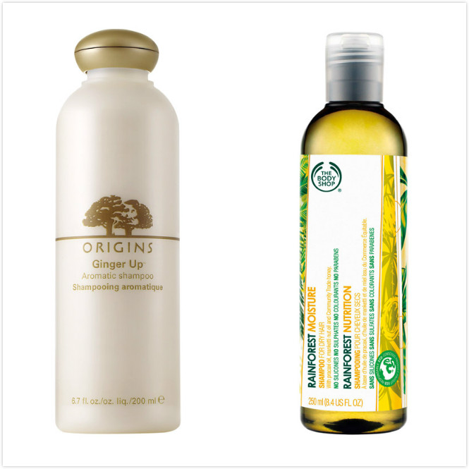 ORIGINS 薑味暖暖香氛洗髮精,200ml,670元;THE BODY SHOP 蜂蜜麥肯果絲柔洗髮精,250ml,520元。