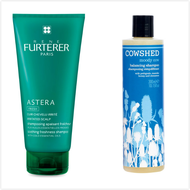 RF Astera紫苑草舒緩髮浴 200ml,1,380元;COWSHED悶悶牛平衡洗髮乳,300ml,1,100元。