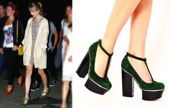 由泰勒絲(Taylor Swift)示範的墨綠色瑪麗珍復古鞋,更加大吹可愛少女風!